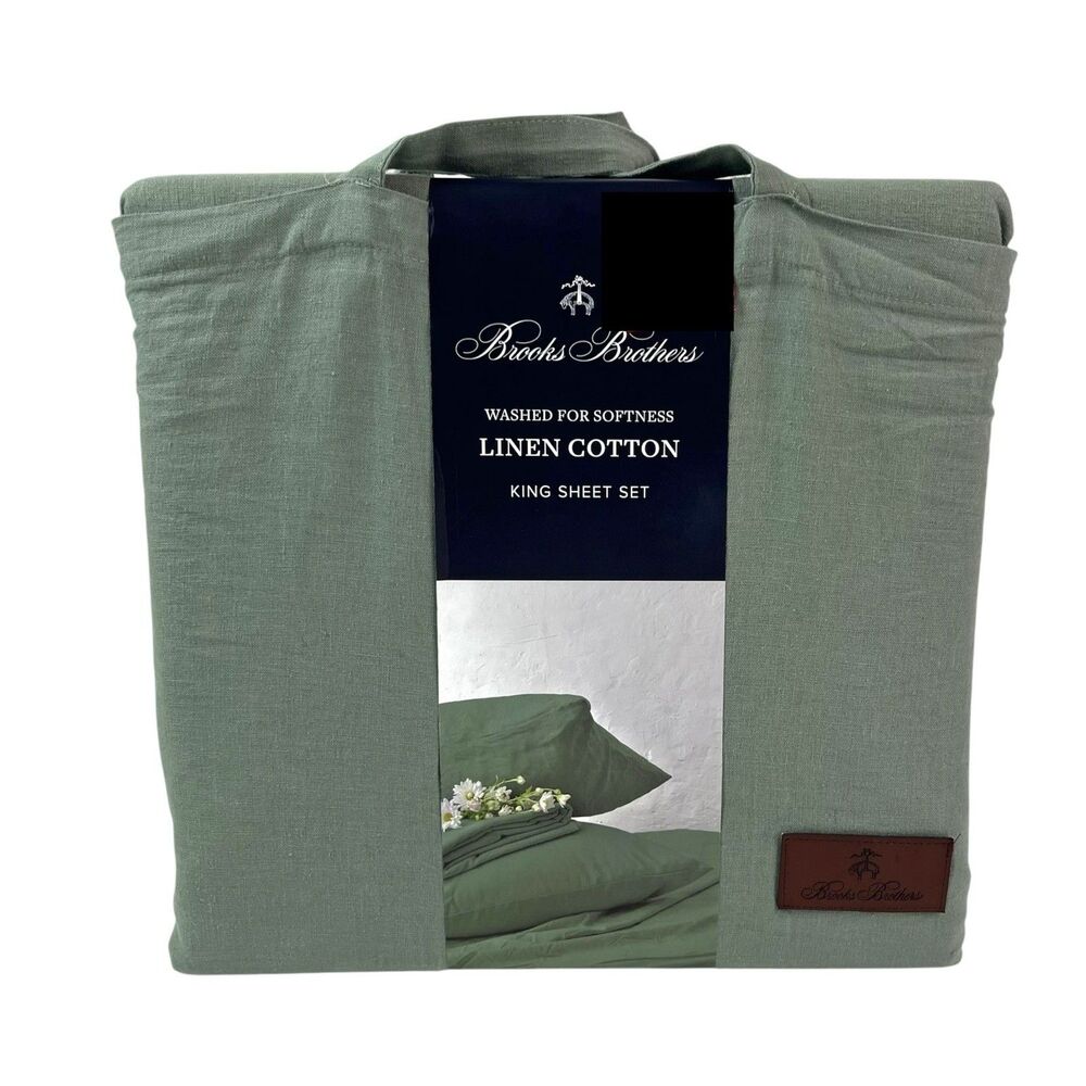 Brooks Brothers Linen Cotton Sheet set KING Sage Green Soft Washed Deep Fitted